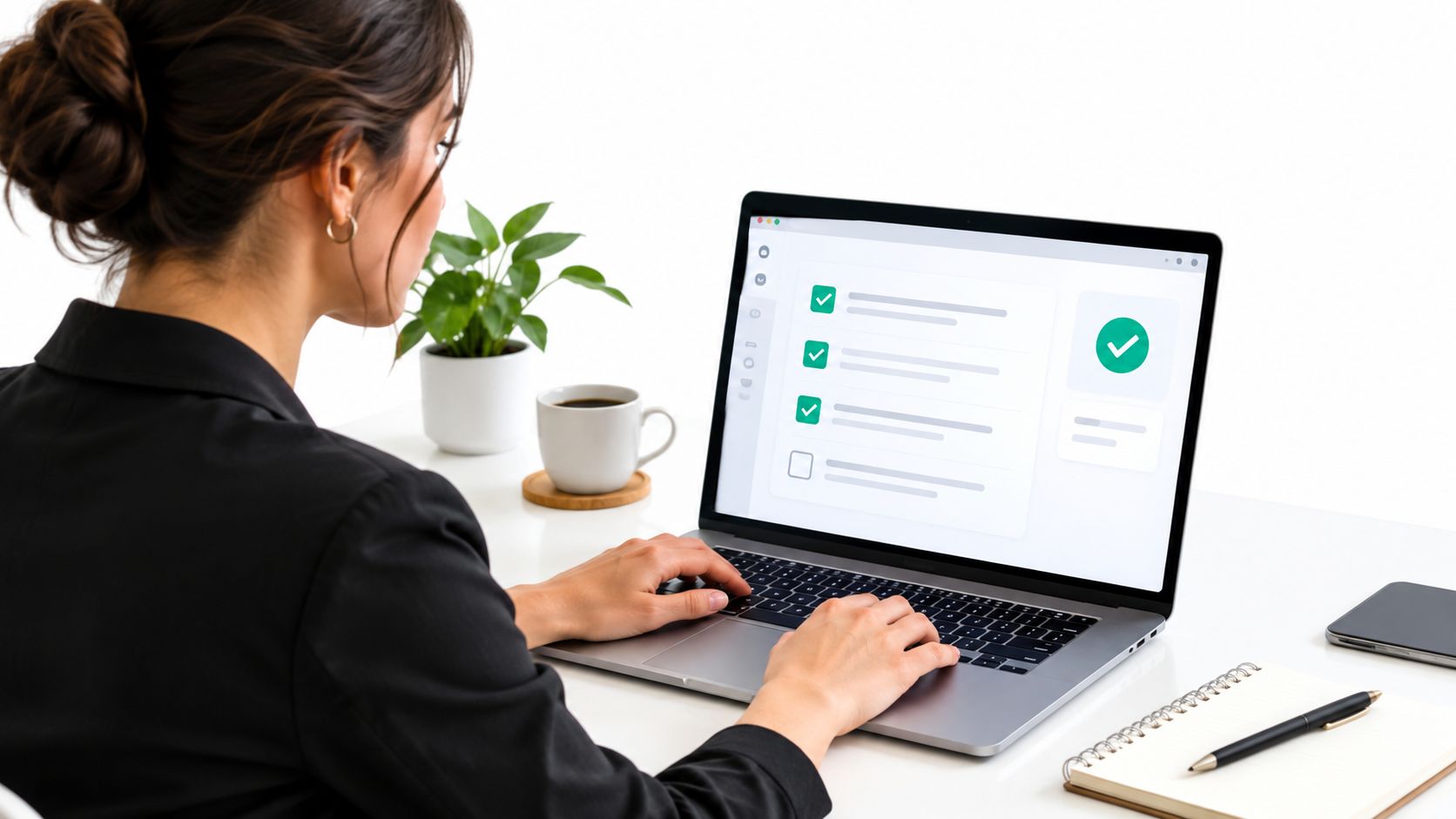 A professional woman working on a laptop displaying a checklist of tasks in a bright office environment.