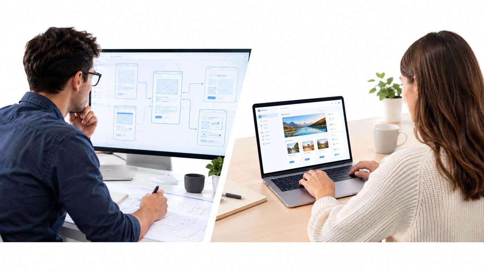 A professional man designing wireframes on a computer while a woman works on laptop software testing.