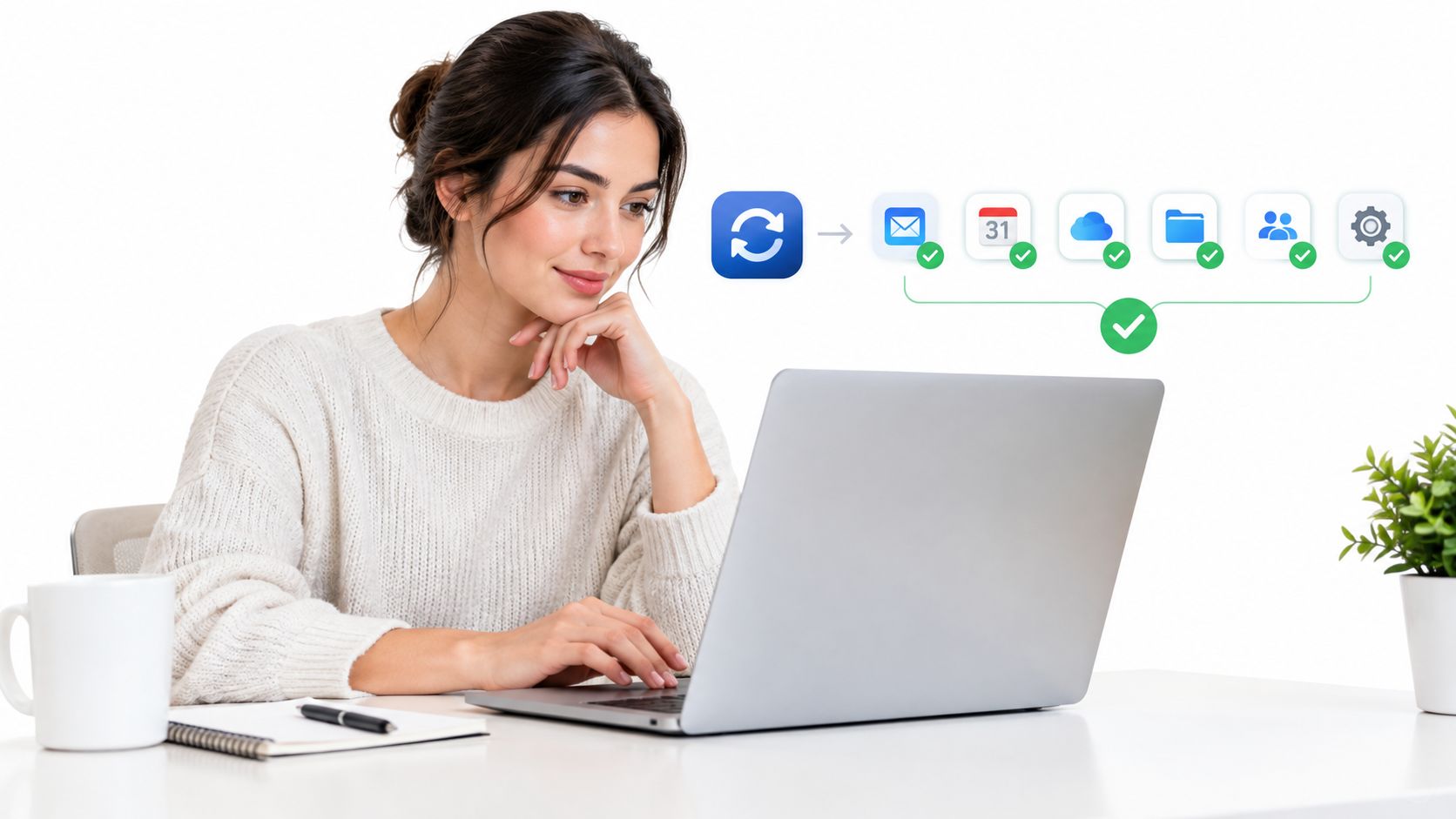 A woman working on a laptop with digital data synchronization icons representing successful cloud data integration.