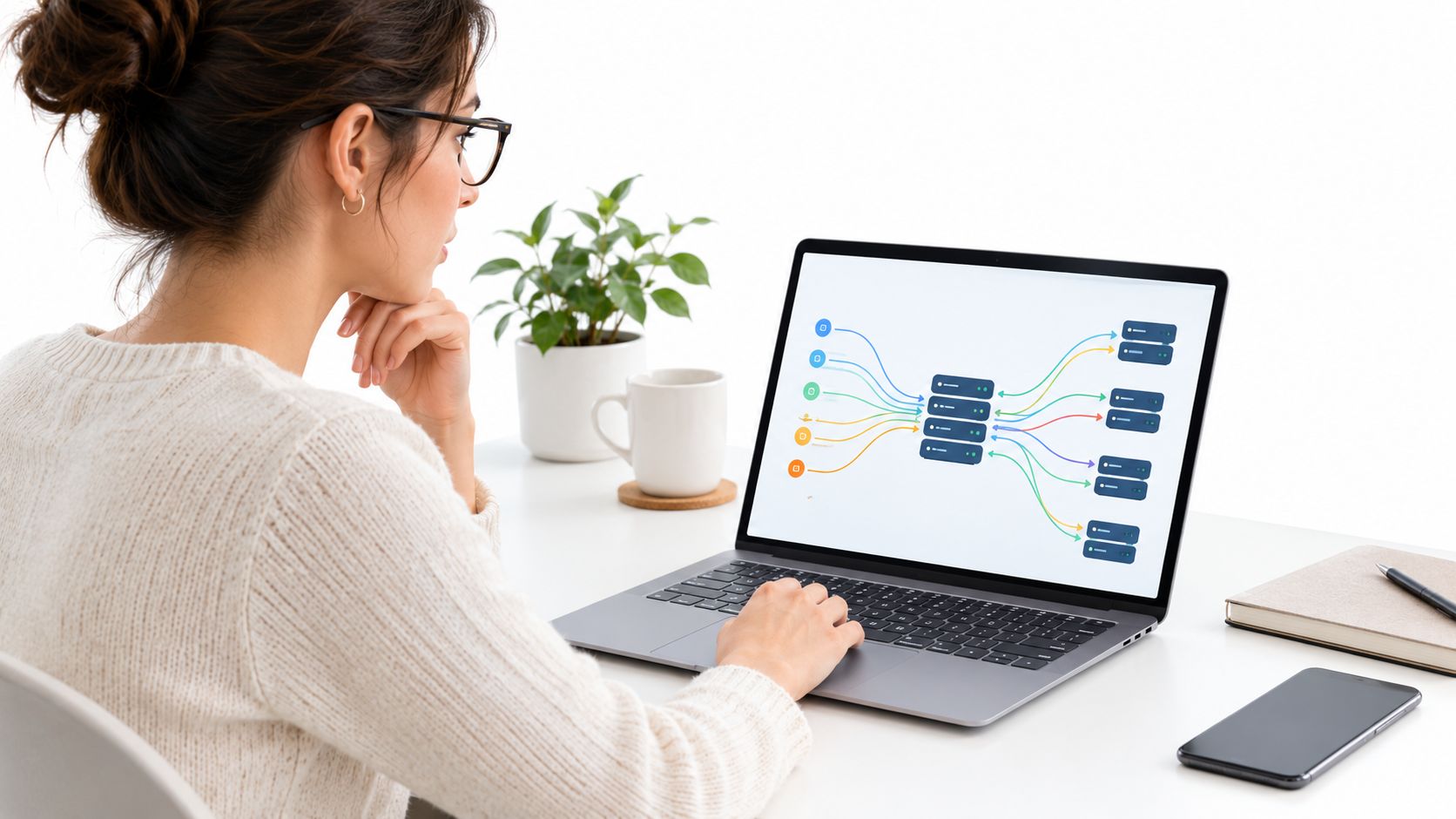 A professional woman in a white sweater working on her laptop at a desk viewing server architecture.