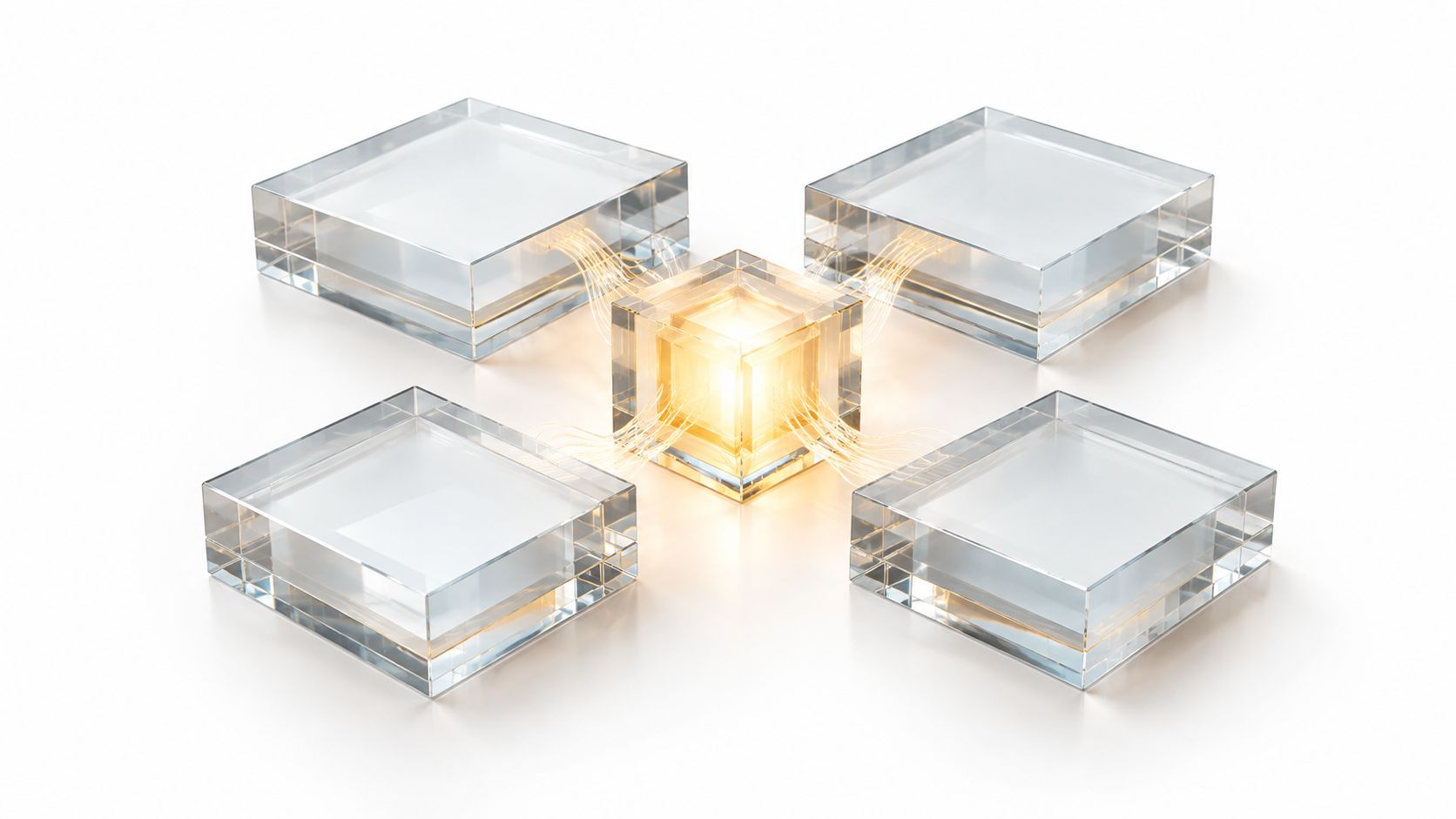 A glowing central glass cube connected by fiber optic cables to four surrounding transparent glass square blocks.