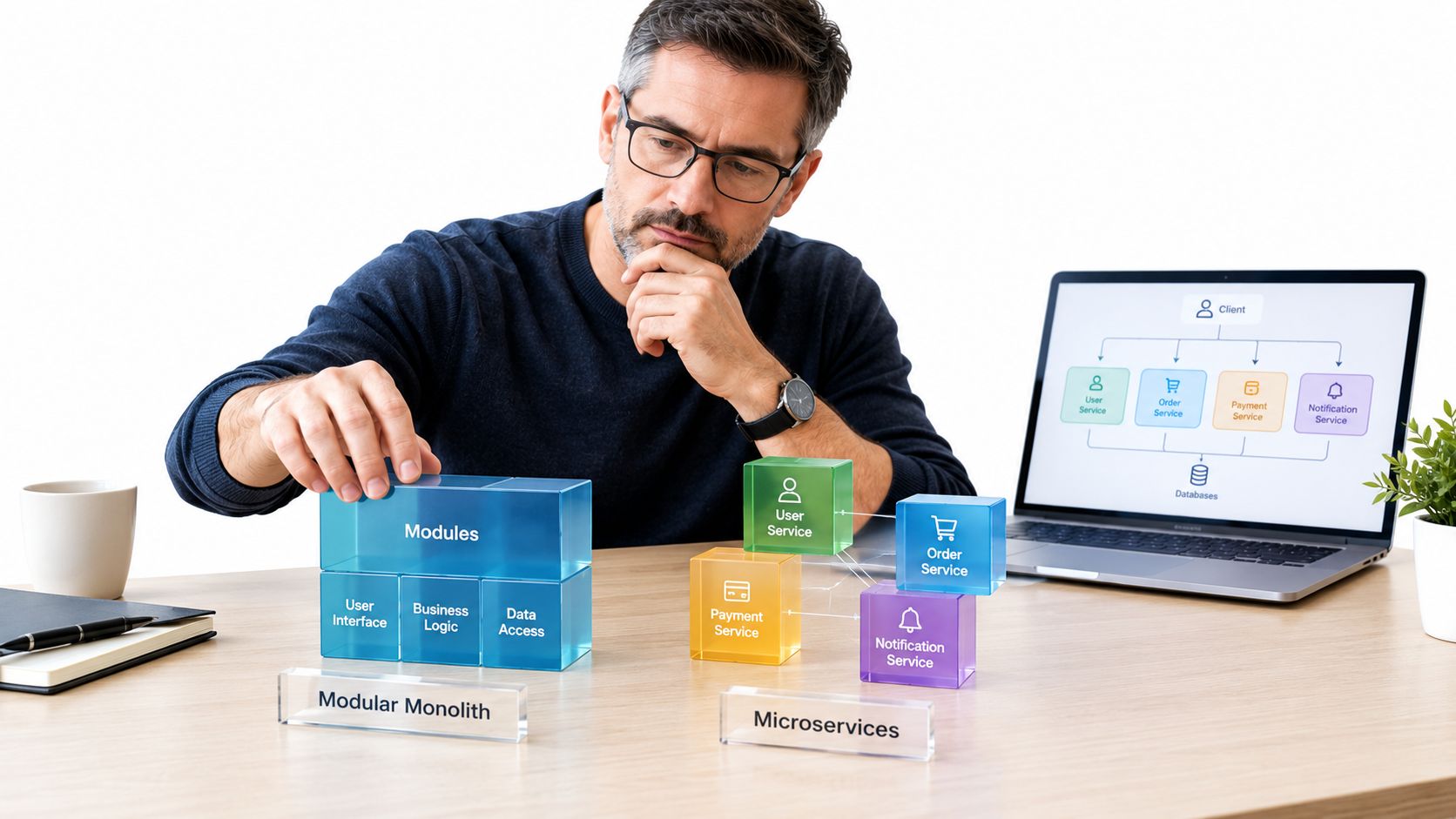 A professional developer examining physical blocks representing modular monolith and microservices architectural patterns on a desk.