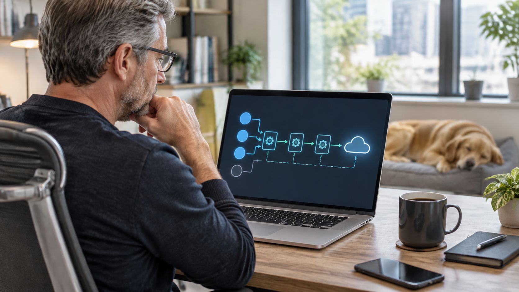 A senior .NET developer examines a system architecture diagram with data flow nodes on a laptop screen.