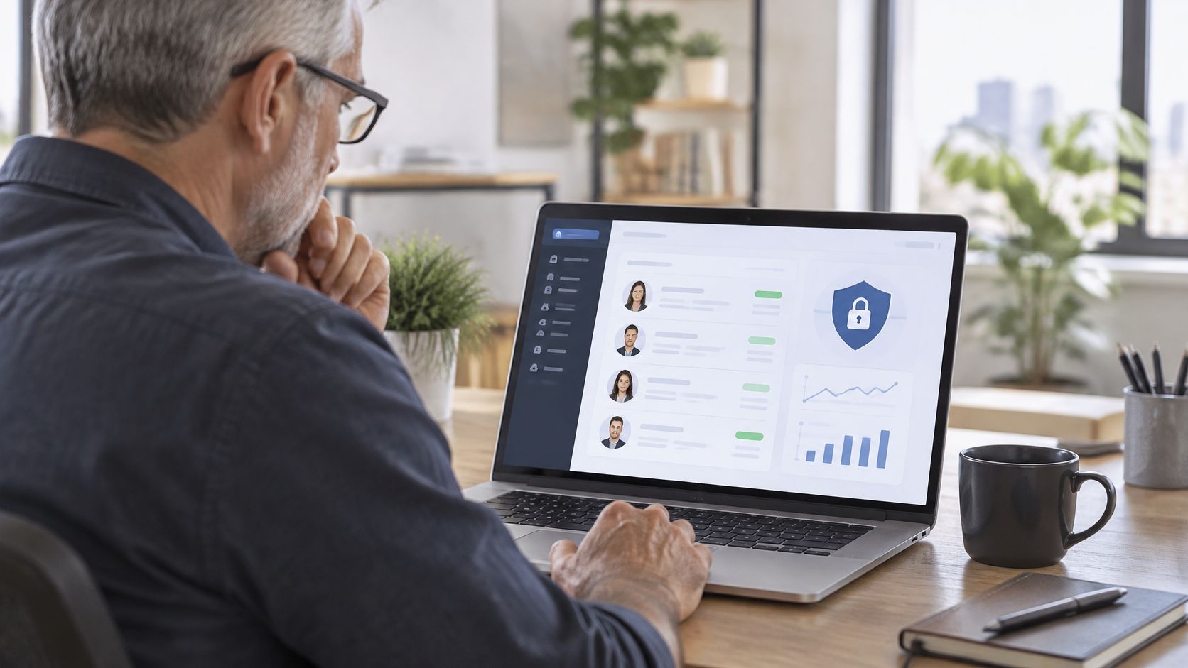A senior professional reviewing candidate profiles and security metrics on a laptop screen in a modern workspace.