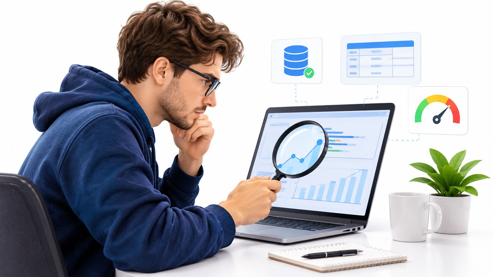 A focused software developer using a magnifying glass to analyse data analytics on a laptop screen.
