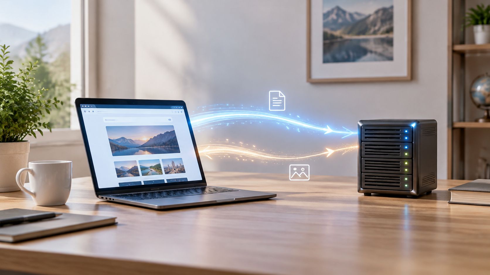 A laptop on a wooden desk transferring data and images to a multi-bay network attached storage drive.