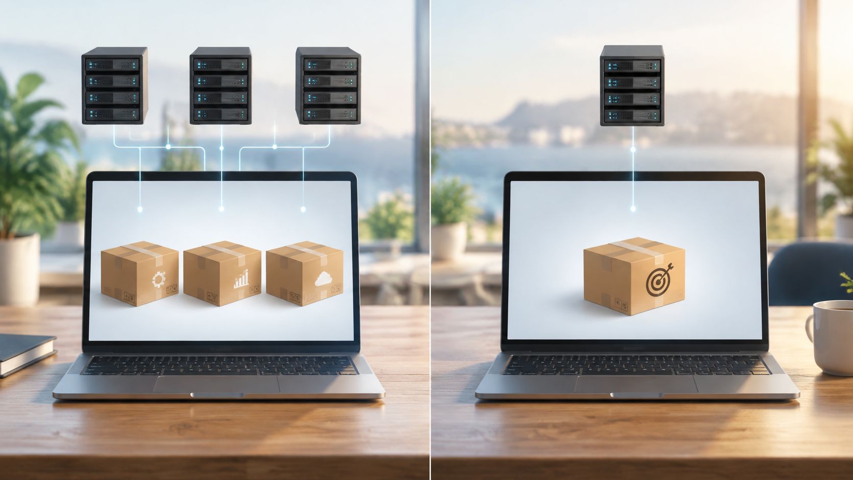 A conceptual split screen showing laptop screens connected to server racks depicting digital data and business logistics.