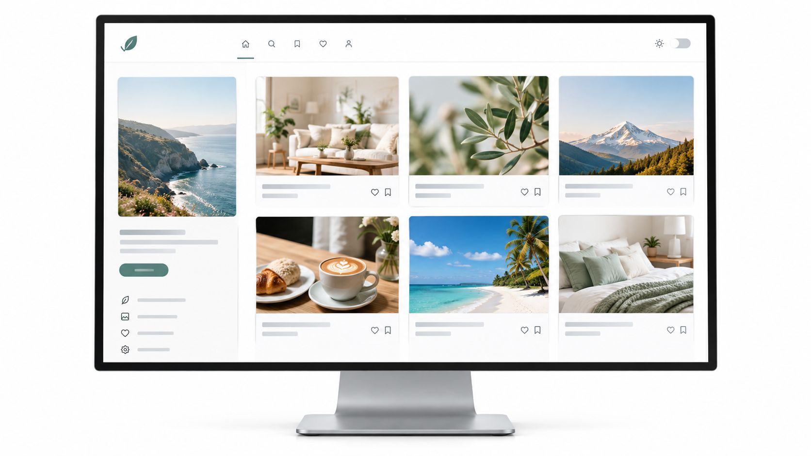 A modern computer monitor displaying a sleek web dashboard featuring a photo gallery interface design.